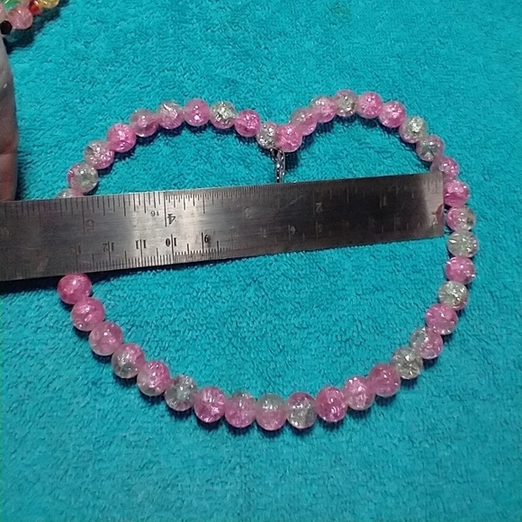 Pink clear beaded wire necklace cracked glass beads handmade - Picture 3 of 3